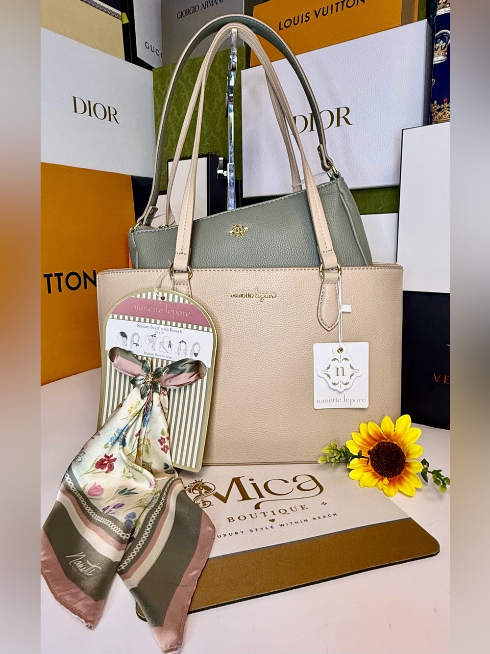 🆕NANETTE LEPORE Two-Tone Beige & Sage Leather Tote Bag w/Scarf ~Set of 3~